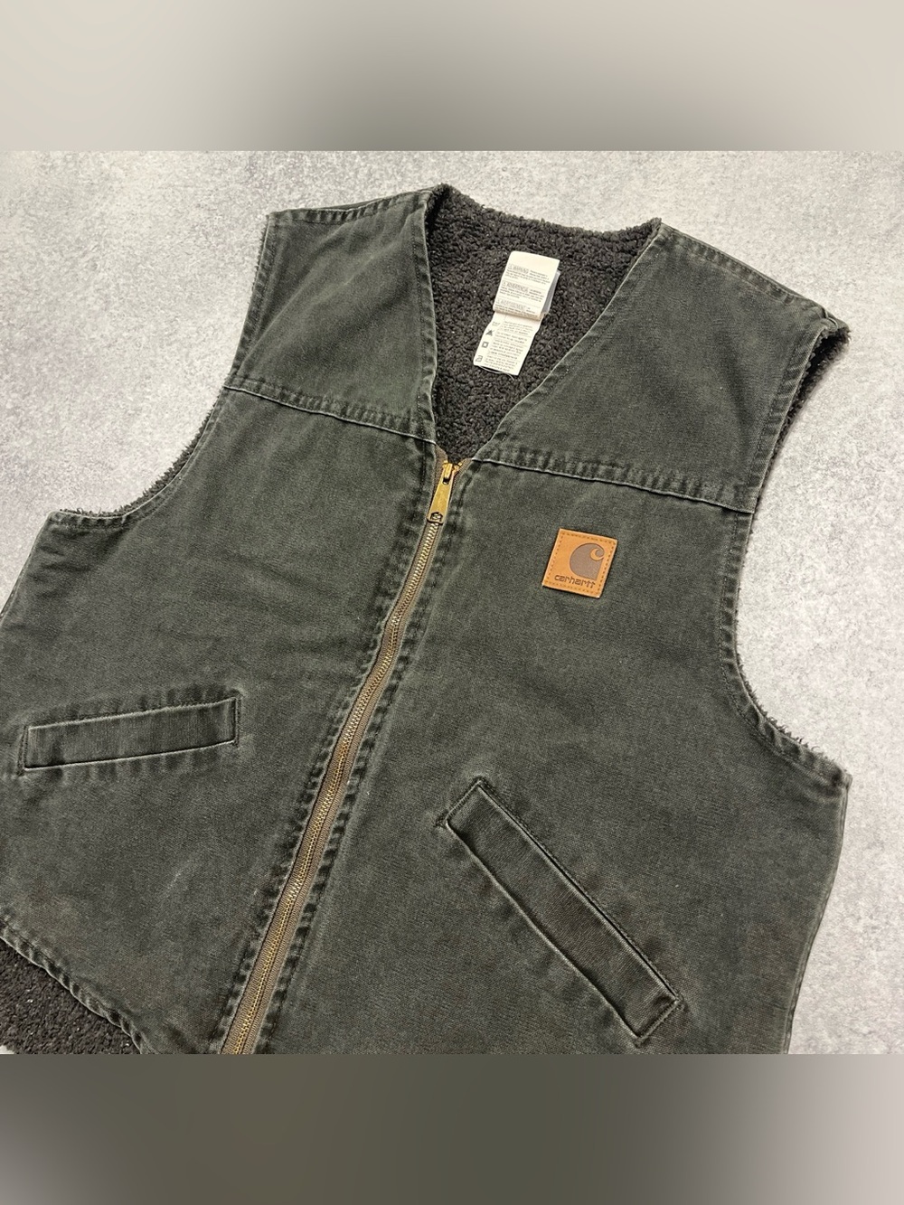 Vintage Carhartt Dark Moss Green Fleece Lined Workwear Canvas Utility Vest